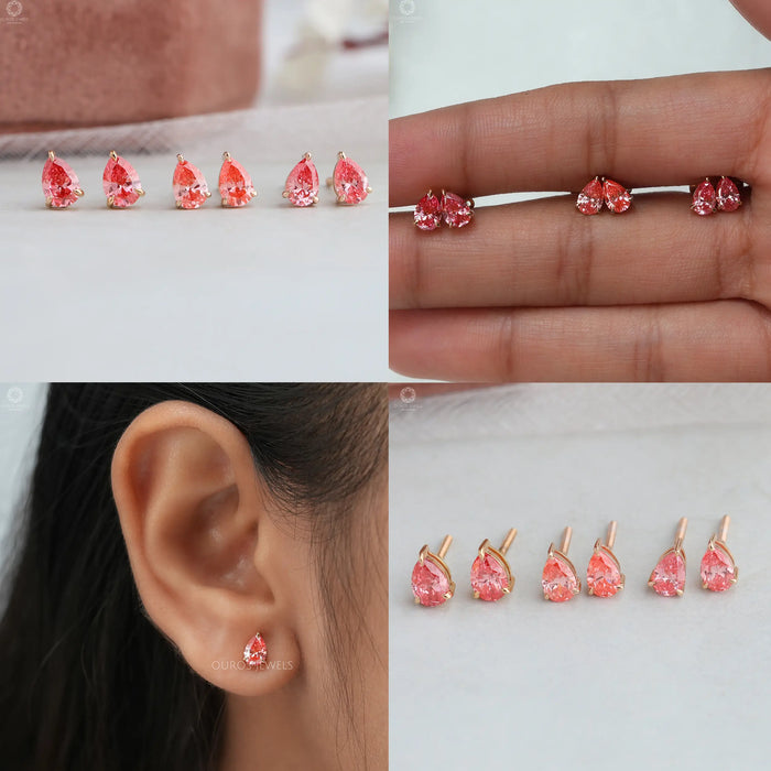 [Collage of Pink Pear Lab Diamond Stid Earrings]-[Ouros Jewels]