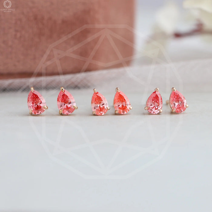 [Pink Pear Cut Lab Diamond Stud Earrings]-[Ouros Jewels]