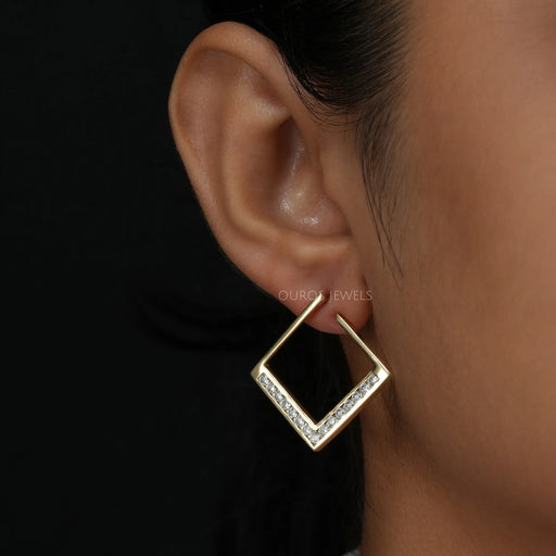 Square Shape Round Diamond  Hoop Earrings