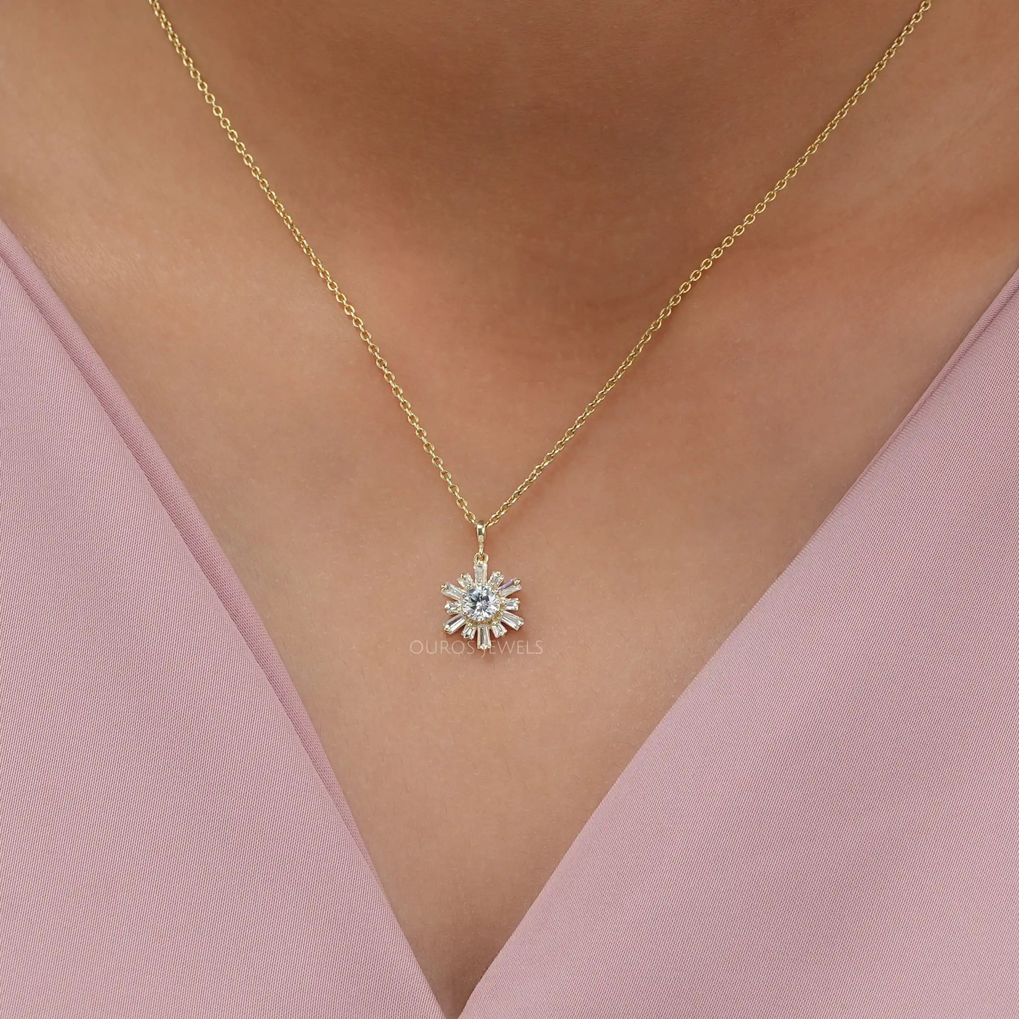 Tapered Baguette And Round Cluster Diamond Necklace Necklaces