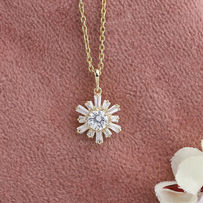 [Tapered Baguette And Round Cluster Diamond Pendant]-[Ouros jewels]