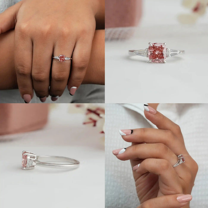 Collage of 3 stone cushion cut lab diamond engagement ring