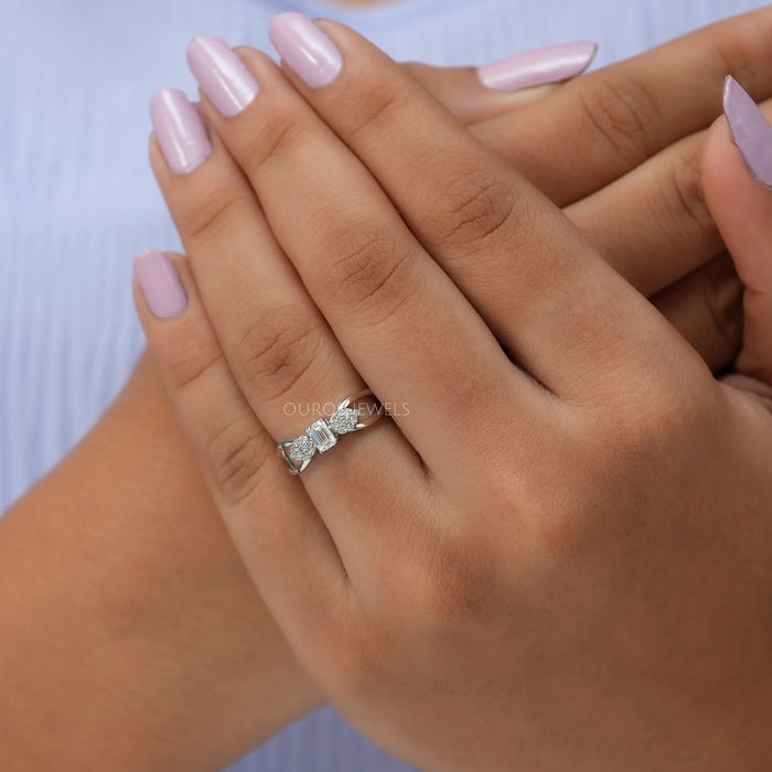 Three Stone Emerald Diamond  Engagement Ring