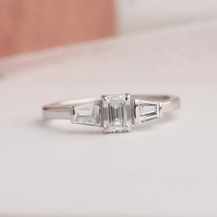 3 Stone Emerald Cut Diamond Ring With Prongs Settings And White Gold