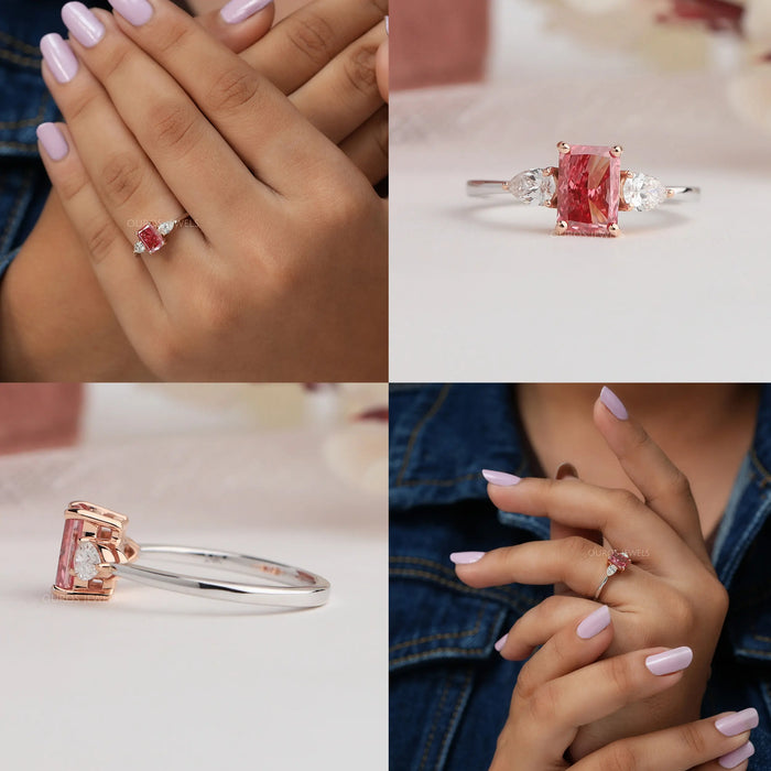 Multi View Of 1 Carat Fancy Pink Radiant Cut Lab Diamond Three Stone Engagement Ring
