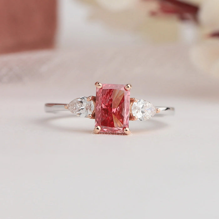 Brilliant Shine Of Pink Radiant And Pear Cut Lab Diamond Three Stone Engagement Ring Made In White And Rose Gold