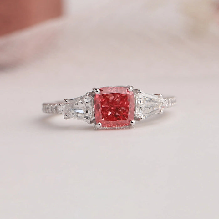 [Beautiful Front View Of Pink Cushion Lab Diamond Three Stone Engagement Ring]-[Ouros Jewels]