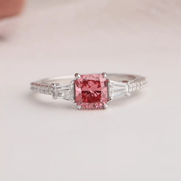 [1.10 Fancy Pink Cushion Cut Three Stone Engagement Ring]-[Ouros Jewels]