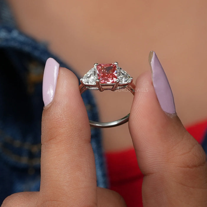 [Front Side View Of Fancy Pink Lab Diamond Three Stone Ring]-[Ouros Jewels]