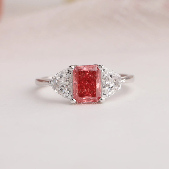 [Beautiful Front View Of 1.20 Carat Pink Radiant Cut Diamond Three Stone Engagement Ring] -[Ouros Jewels]