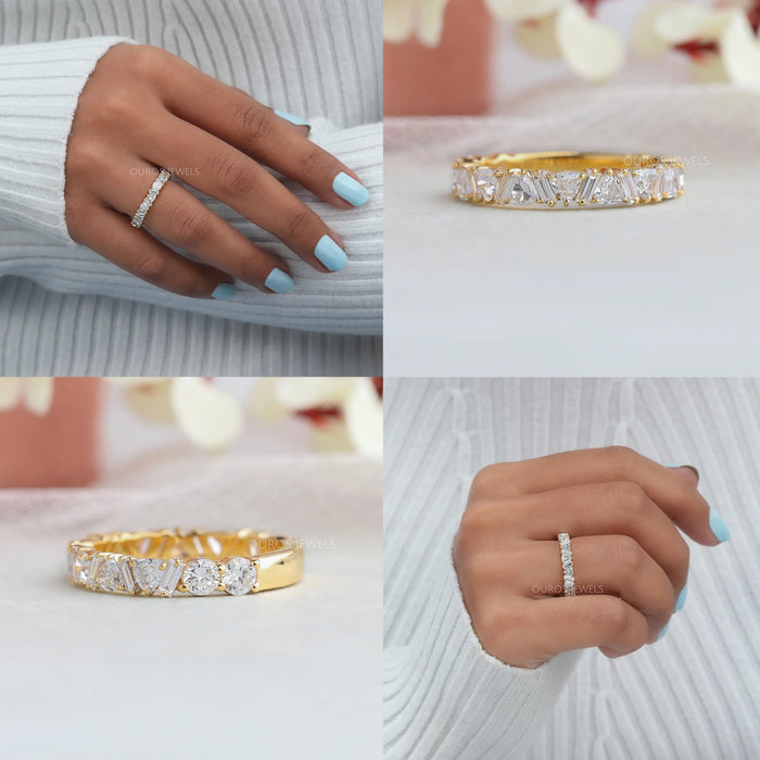 Collage of vintage diamond half eternity wedding band with trillion and baguette cut diamonds in yellow gold