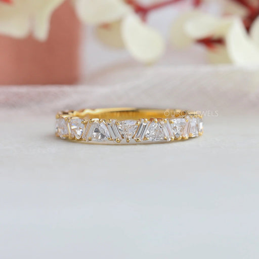 Trillion and baguette cut lab grown diamond half eternity wedding band in solid yellow gold