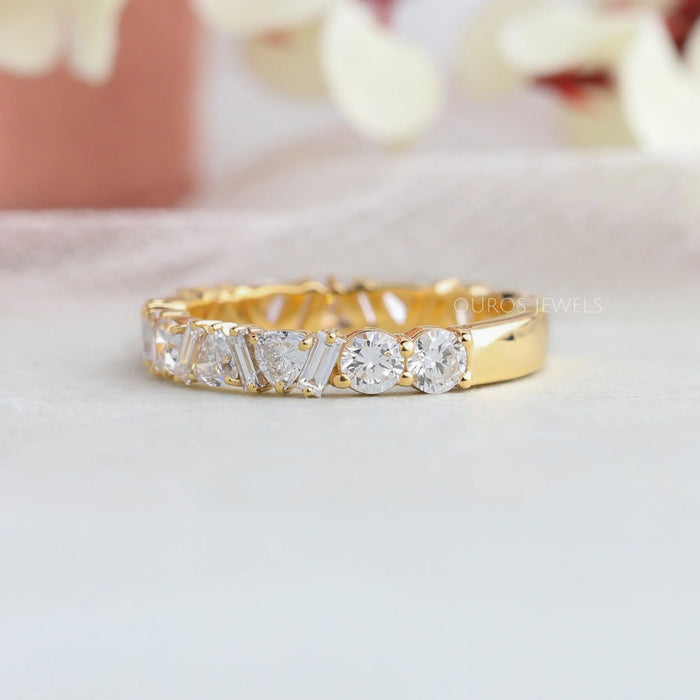Multi Shape lab made diamond half eternity wedding band made with trillion, baguette and round cut diamonds