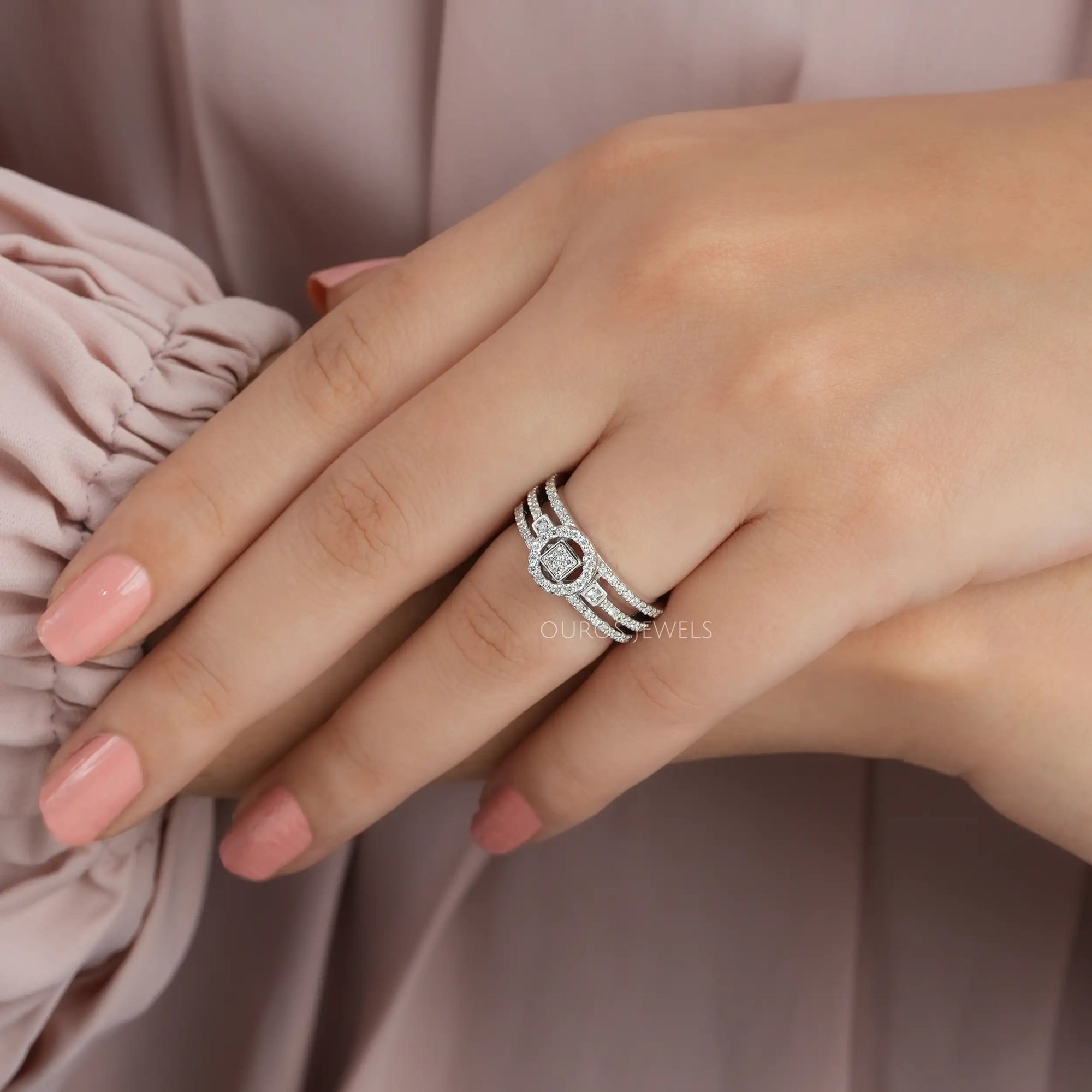 Round Cluster Diamond Triple Shank Halo Ring