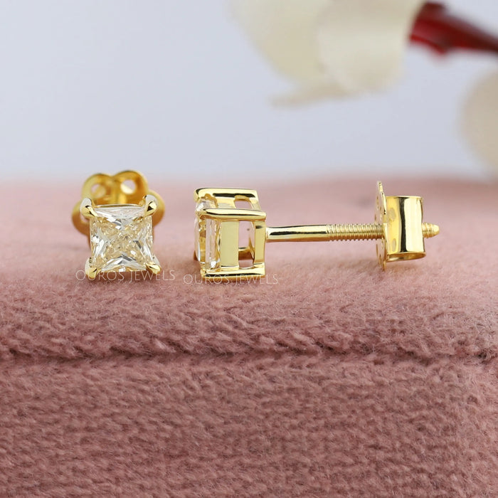 14k yellow gold princess shaped diamond solitaire earrings in screw back setting
