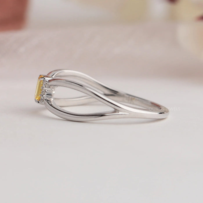 14k white gold split shank of yellow emerald cut engagement ring