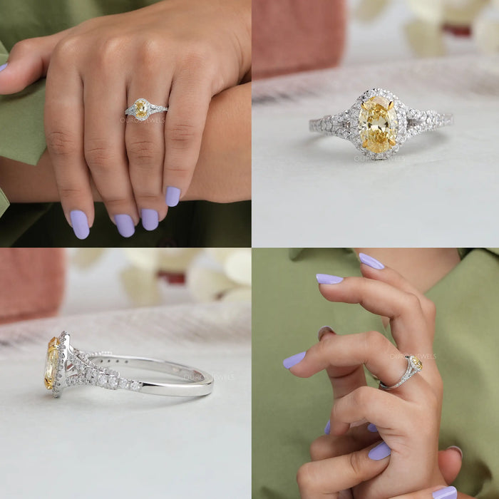 [Yellow Oval Lab Grown Diamond Halo Engagement Ring]-[Ouros Jewels]