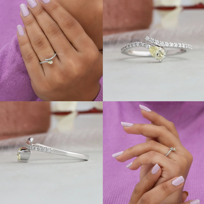 Collage of Pear shaped wave style diamond ring, showing front, side and in finger look