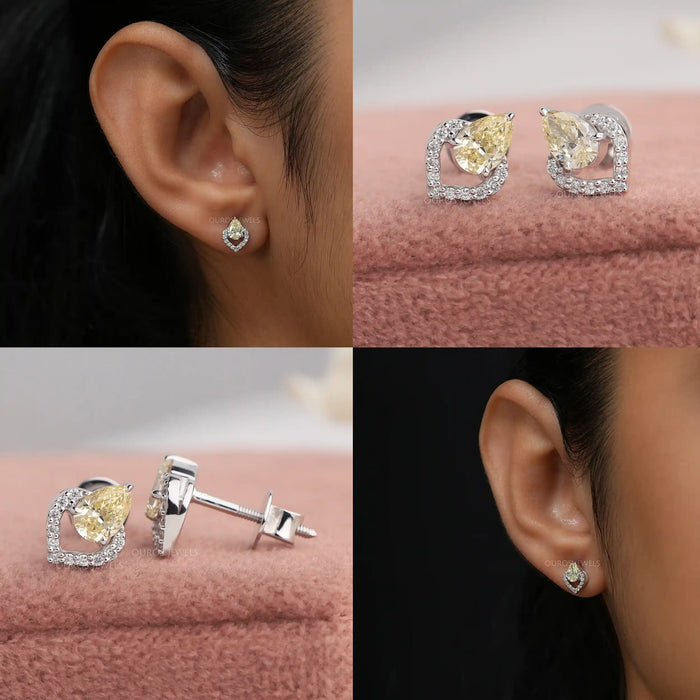 Collage of fancy yellow pear cut diamond earrings with screw back setting in white gold