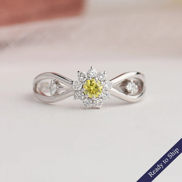 Yellow round floral shape lab grown diamond engagement ring in 14k solid white gold
